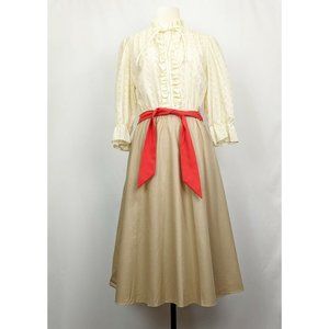 Vintage 80s Dress Cream Tan Floral Ruffle Tie Neck Belted Misses 8 ?